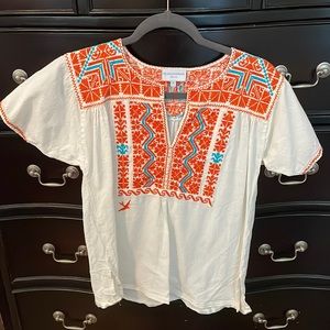 Mi Golondrina Vintage top size small in orange and turquoise. Beige color.